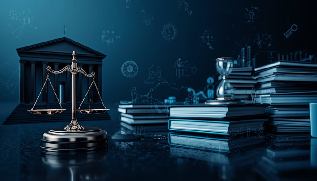 Ilustração jurídica representando a universalização do acesso à Justiça e a sobrecarga do Poder Judiciário brasileiro, com tribunal moderno, balança da justiça e grande volume de processos.