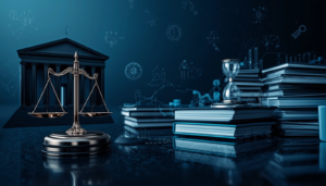 Ilustração jurídica representando a universalização do acesso à Justiça e a sobrecarga do Poder Judiciário brasileiro, com tribunal moderno, balança da justiça e grande volume de processos.