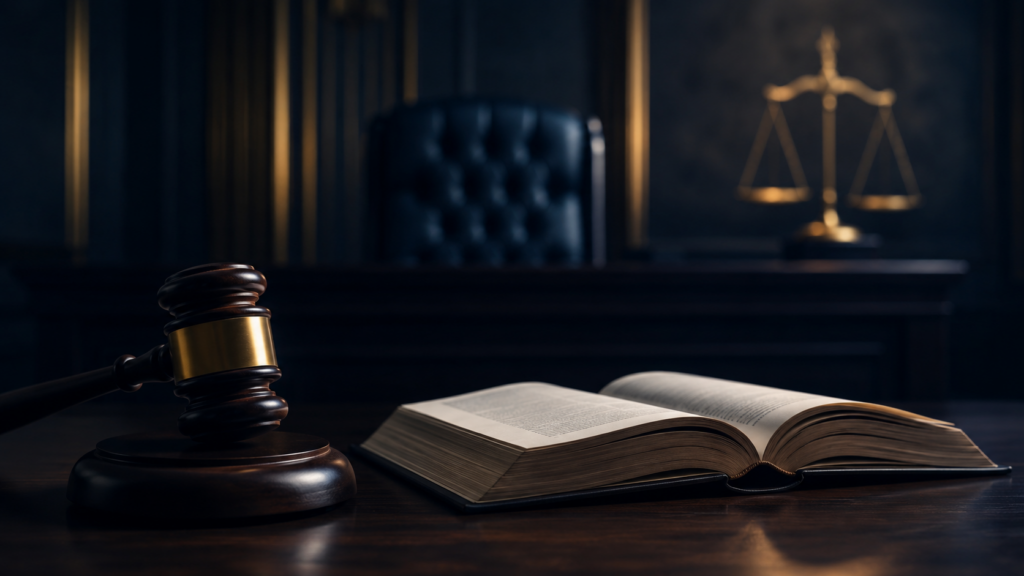 Martelo de juiz sobre mesa de madeira ao lado de livro de leis aberto, com balança da justiça ao fundo, simbolizando decisão judicial e o silêncio processual