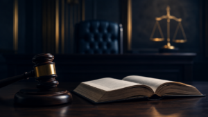 Martelo de juiz sobre mesa de madeira ao lado de livro de leis aberto, com balança da justiça ao fundo, simbolizando decisão judicial e o silêncio processual