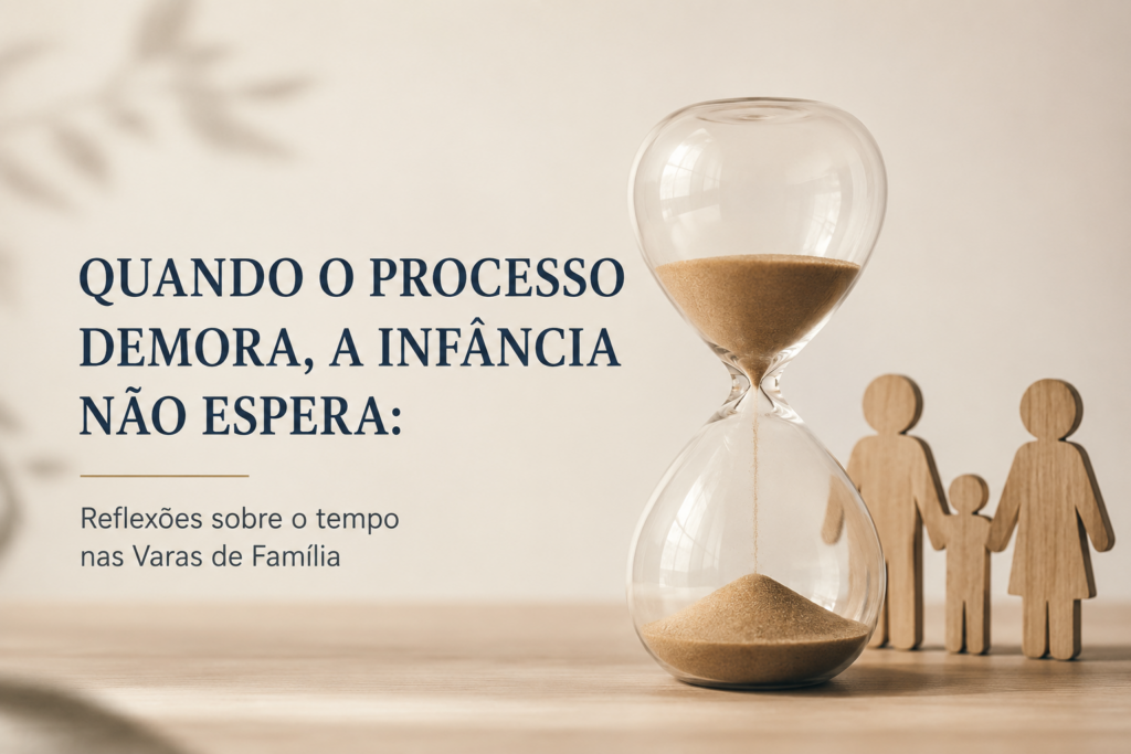 Ampulheta ao lado de uma família simbolizando o impacto da demora dos processos judiciais nas Varas de Família e na infância.